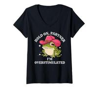 Mujer Hold On Partner, divertido sombrero de vaquero con forma de rana, meme, humor Camiseta Cuello V