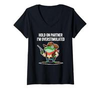Mujer Hold On Partner I'm Overstimulated Rana Vaquera Humor Meme Camiseta Cuello V