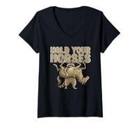 Mujer Hold Your Horses Funny Meme Humor Raccoon Juego de Palabras Occidentales Camiseta Cuello V