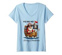 Mujer Holiday Pirate Yo Ho Ho Feliz Navidad Santa Hat Skull Camiseta Cuello V