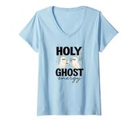 Mujer Holy Ghost Energy Cute Halo Ghosts Christian Halloween Camiseta Cuello V