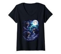Mujer Hombre Lobo Oscuro bajo la Luna - Vintage Fantasy Lightning Art Camiseta Cuello V