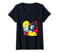 Mujer Hombre Signo de Paz Retro Pop Retrato gráfico Gesto Rizado Camiseta Cuello V