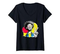 Mujer Hombre Signo de Paz Retro Pop Retrato gráfico Gesto Rizado Camiseta Cuello V