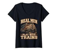 Mujer Hombres de Verdad juegan con Trenes Divertido Railfan Camiseta Cuello V
