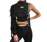 Mujer Hombro Asimétrico Manga Larga Mochila Hebilla Reflectante Empalme Top Sudadera Con Capucha Pulsera Mujer Negro Plata, Negro , Tallaúnica