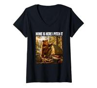 Mujer Home is Here I Pitch It Oso de Camping Aventura al Aire Camiseta Cuello V