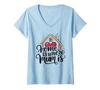 Mujer Home Is Where Mum Is Valentine's Day Cute House Heart Camiseta Cuello V