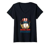 Mujer Home Run Freedom Arte patriótico de béisbol Camiseta Cuello V