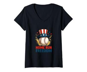 Mujer Home Run Freedom Arte patriótico de béisbol Camiseta Cuello V