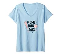 Mujer Home Run Girl Softball Player Pink Bat Sports Lover Design Camiseta Cuello V