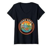 Mujer Hong Kong China Round Travel Souvenir Landmark Turista Regalo Camiseta Cuello V