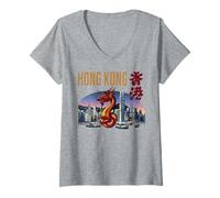 Mujer Hong Kong Viajero Año del Dragón Victoria Harbor Camiseta Cuello V