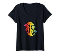 Mujer Hongos Arco Iris Lindo Colorido Micología Cultivo Champiñones Camiseta Cuello V