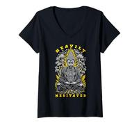 Mujer Hongos mágicos psicodélicos de Buda de Yoga fuertemente meditados Camiseta Cuello V