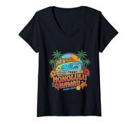 Mujer Honolulu Hawaii Travel Souvenir City Landmark Regalo turístico Camiseta Cuello V