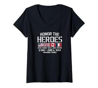 Mujer Honor a los héroes Día D 6 de Junio de 1944 Impresión Envejecida Camiseta Cuello V