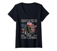 Mujer Honor The Fallen Thank The Living Bandera Americana Vintage Camiseta Cuello V