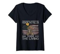 Mujer Honor The Fallen Thank The Living Bandera Americana Vintage Camiseta Cuello V
