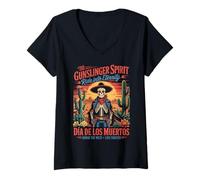 Mujer Honra al Pistolero del Oeste Día de los Muertos Camiseta Cuello V