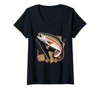 Mujer Hooked on Trout Fly Fishing Angler Fishing Pun Camiseta Cuello V