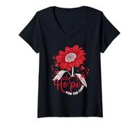 Mujer Hope Love Cure Red Ribbon Red Sunflower para concientizar sobre el SIDA Camiseta Cuello V