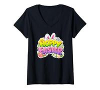 Mujer Hoppy Easter Cute Bunny - Gráfico de Vacaciones de Primavera Camiseta Cuello V