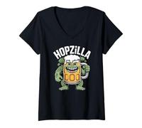 Mujer Hopzilla Cerveza Monster Hops IPA Cervecería Bar Oktoberfest Camiseta Cuello V