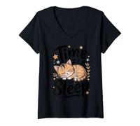 Mujer Hora de Dormir Lindo Gato durmiendo Cita acogedora Camiseta Cuello V