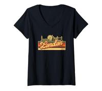 Mujer Horizonte de Londres y rayas retro de Inglaterra - Orgullo Camiseta Cuello V