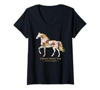 Mujer Horizonte Floral Año Caballo Chino Belleza y Gracia Camiseta Cuello V