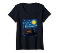 Mujer Horizonte Nocturno Estrellado de Madrid con Luces de Ciudad española Camiseta Cuello V