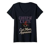 Mujer Horror Cat Mom Spooky Black Cat Halloween Estética Camiseta Cuello V