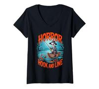 Mujer Horror Hook and Line Fishing Skeletons Halloween Fishermen Camiseta Cuello V