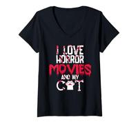 Mujer Horror Movies Scary Film Cat Lovers Halloween Fans Thriller Camiseta Cuello V
