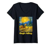 Mujer Horseback Rider Swirling Sky Landscape Art Camiseta Cuello V