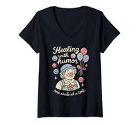 Mujer Hospital Payaso Risa Medicina Humor Curación Cuidado Payaso Camiseta Cuello V
