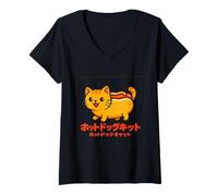 Mujer Hot Dog Cat Kawaii Animal japonés divertido comida Camiseta Cuello V