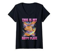 Mujer Hot Dog Meme Cat My Happy Place Bootleg Glizzy Hot Dog Camiseta Cuello V