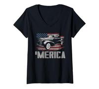 Mujer Hot Rod America - Bandera clásica de Coche Vintage para cochera, Arte Patriota Camiseta Cuello V