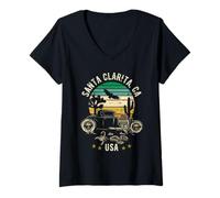 Mujer Hotrod de Santa Clarita, California, EE. UU., diseño Retro de Puesta de Sol Camiseta Cuello V