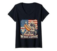 Mujer Houston We Have a Hotdog Astronaut Julio 4 Bandera de Estados Unidos Hombres Mujeres Camiseta Cuello V