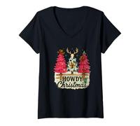 Mujer Howdy Christmas Western Trees Cowprint Leopard Cowboy Camiseta Cuello V