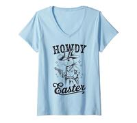Mujer Howdy Conejo Vaquero de Pascua Western Vintage Country Rabbit Camiseta Cuello V