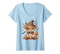Mujer Howdy Halloween Funny Highland Cow Spooky Season Hombres Mujeres Camiseta Cuello V