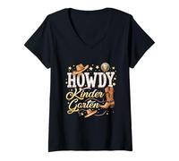 Mujer Howdy Maestro de jardín de Infantes Rodeo Country Western Cowgirl Camiseta Cuello V