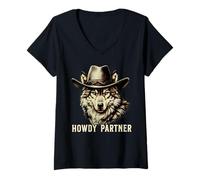 Mujer Howdy Partner Wolf Cowboy Cowgirl Wolves Camiseta Cuello V
