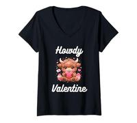 Mujer Howdy Valentine Cute Highland Cow Día de San Valentín Camiseta Cuello V