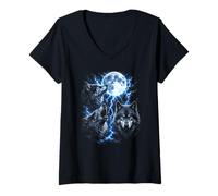 Mujer Howling Wolf Brothers Luna Llena Rayo Tormenta Arte Camiseta Cuello V