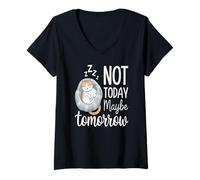 Mujer Hoy no Tal Vez mañana Gato Dormido Gracioso Camiseta Cuello V